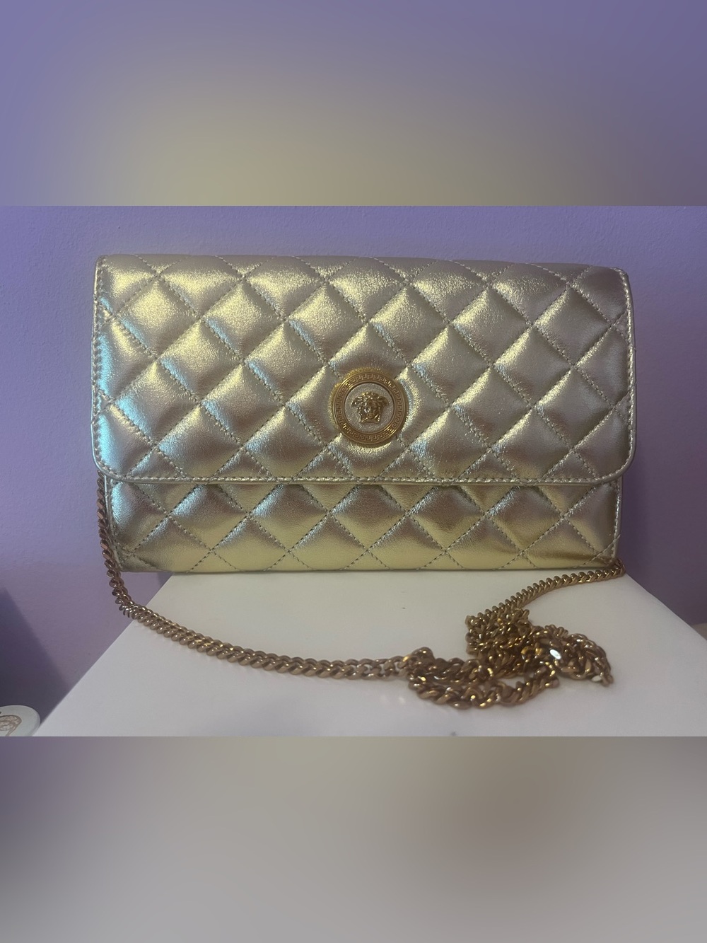 Versace Medusa Metallic Gold Quilted Leather Crossbody Bag with Chain